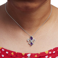 .925 Sterling Silver Purple Amethyst Marquise and Diamond Accent Fleur De Lis Pendant Necklace (H-I Color, SI1-SI2 Clarity) - Size 18