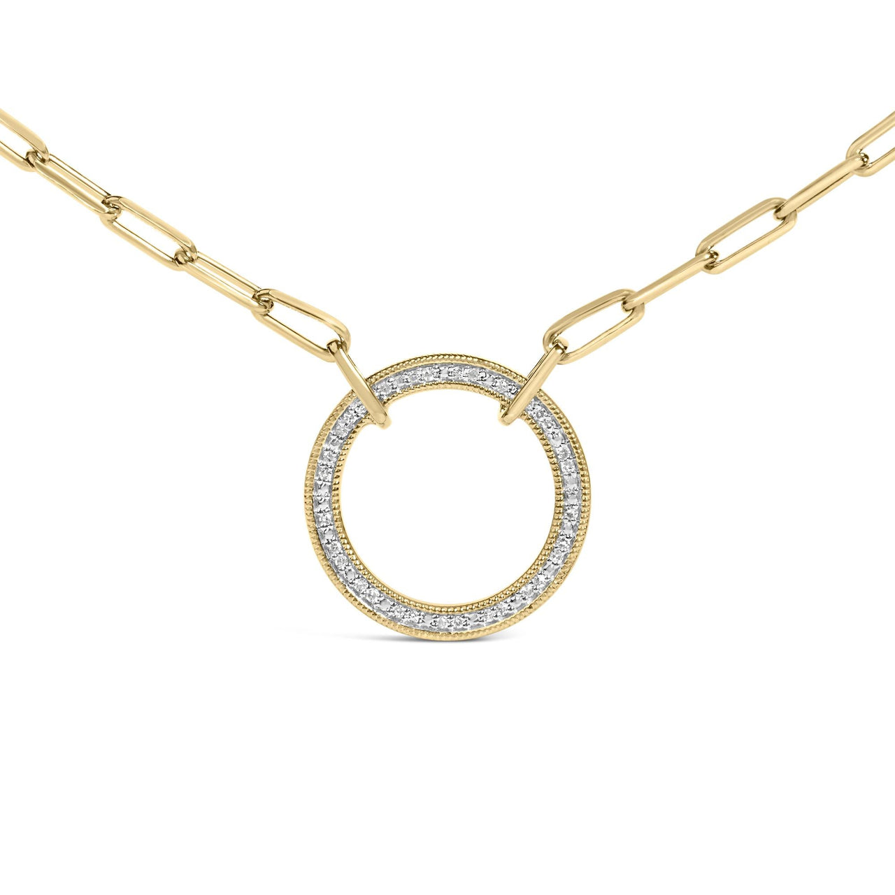 Gold Vermeil 1/10 Cttw Diamond Paperclip Chain Circle Pendant Necklace
