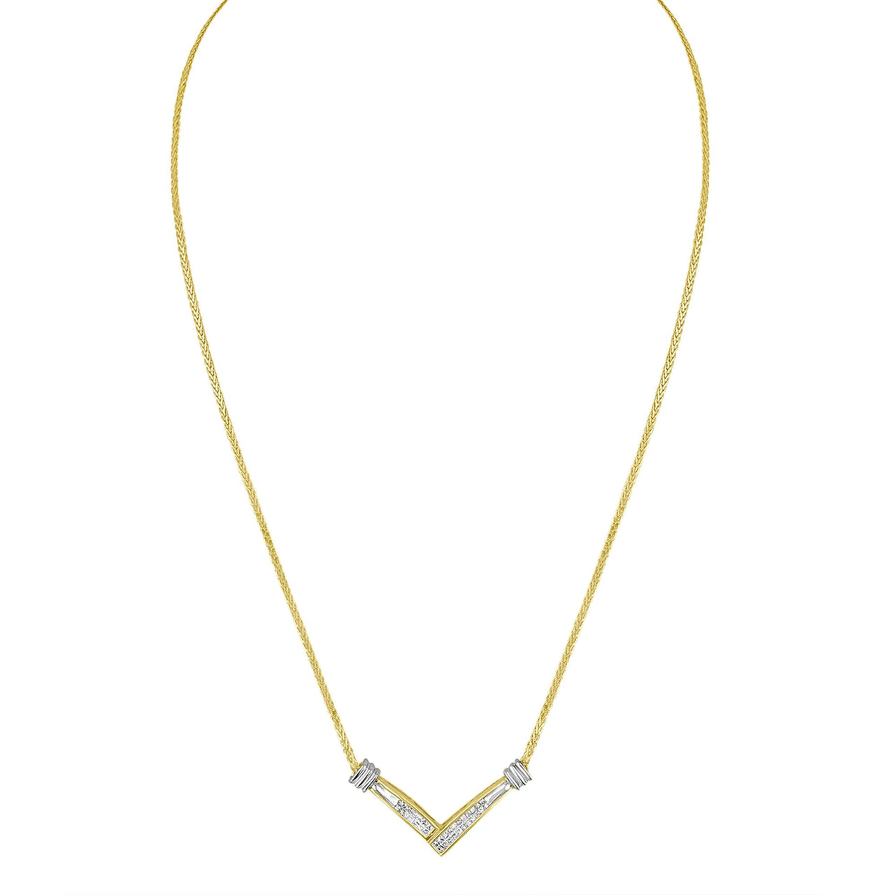 14K Yellow and White Gold 1/4 Cttw Princess Cut Diamond Channel-Set “V” Shape 18" Pendant Necklace (H-I Color, SI2-I1 Clarity)