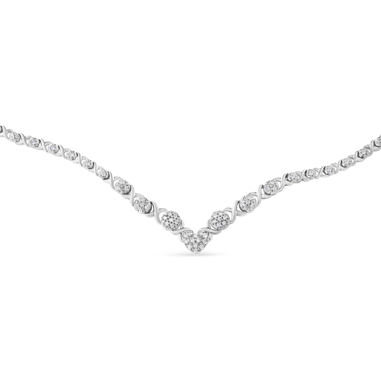 .925 Sterling Silver 1/2 cttw Prong Set Round Diamond Graduated Cluster and Heart Center 18" Statement Necklace (I-J Color, I3 Clarity)