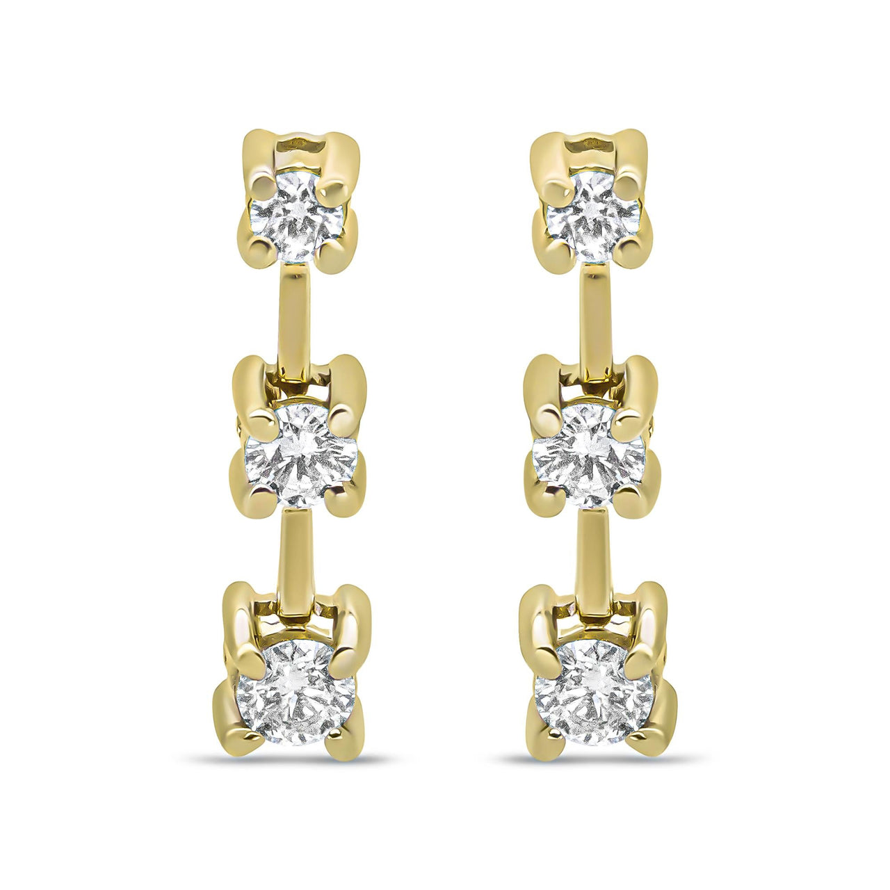 14K Gold Round Diamond 3 Stone Graduated Linear Drop Past, Present and Future Stud Earrings (H-I Color, SI1-SI2 Clarity)