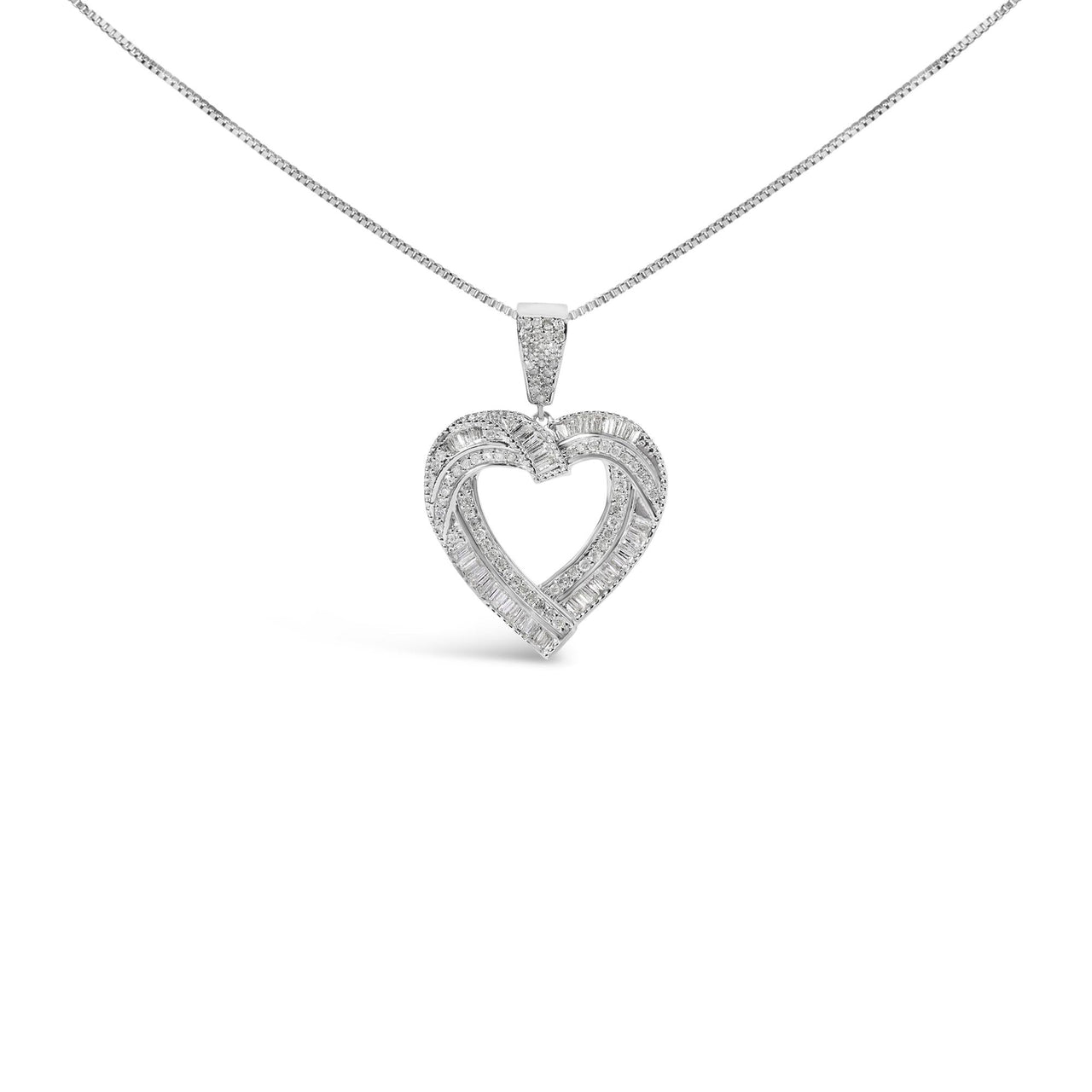 .925 Sterling Silver 1.00 Cttw Baguette and Round Diamond Open Heart Pendant Necklace - KIAHMILLA