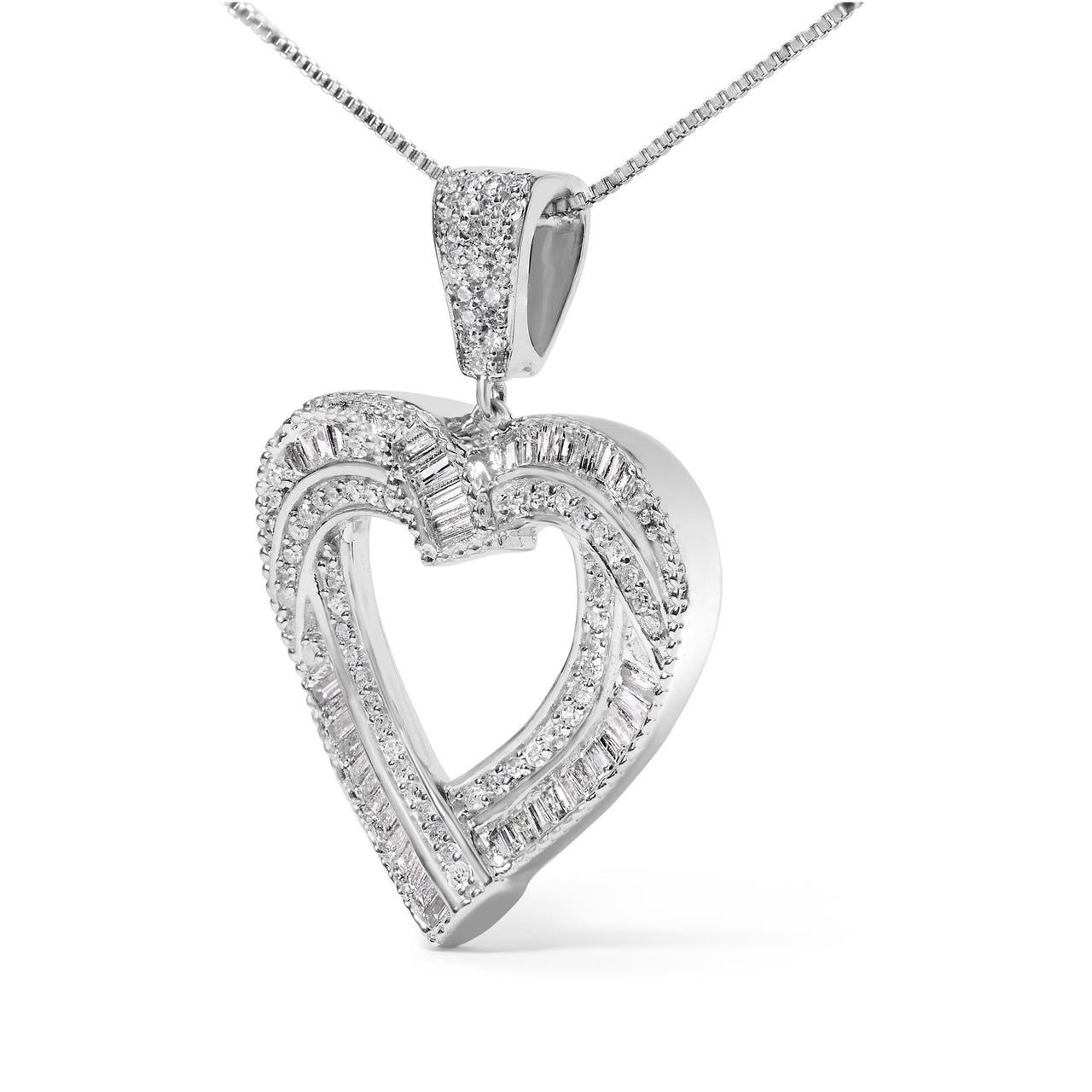 .925 Sterling Silver 1.00 Cttw Baguette and Round Diamond Open Heart Pendant Necklace - KIAHMILLA