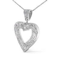 .925 Sterling Silver 1.00 Cttw Baguette and Round Diamond Open Heart Pendant Necklace - KIAHMILLA