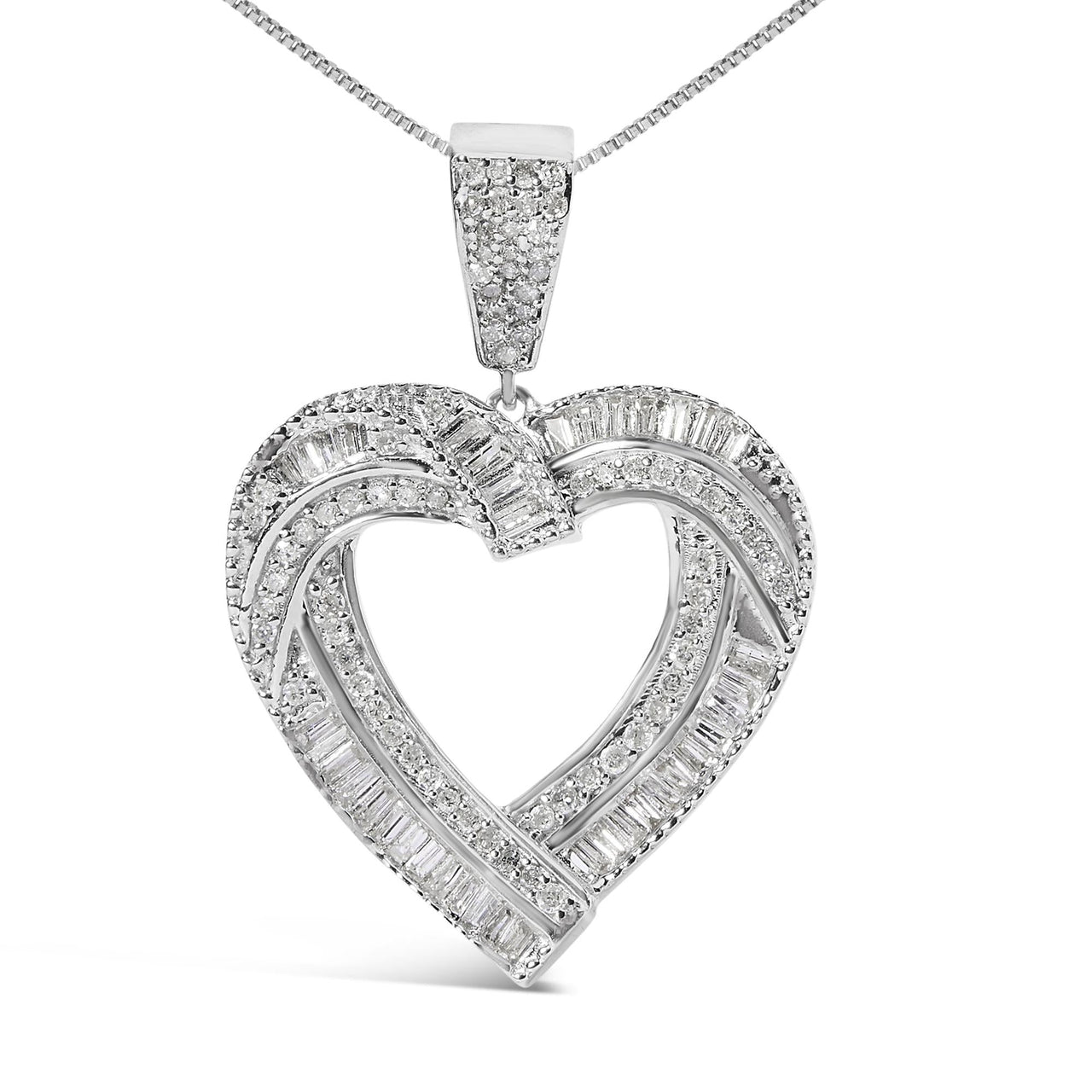 .925 Sterling Silver 1.00 Cttw Baguette and Round Diamond Open Heart Pendant Necklace - KIAHMILLA