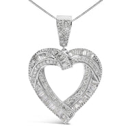 .925 Sterling Silver 1.00 Cttw Baguette and Round Diamond Open Heart Pendant Necklace - KIAHMILLA