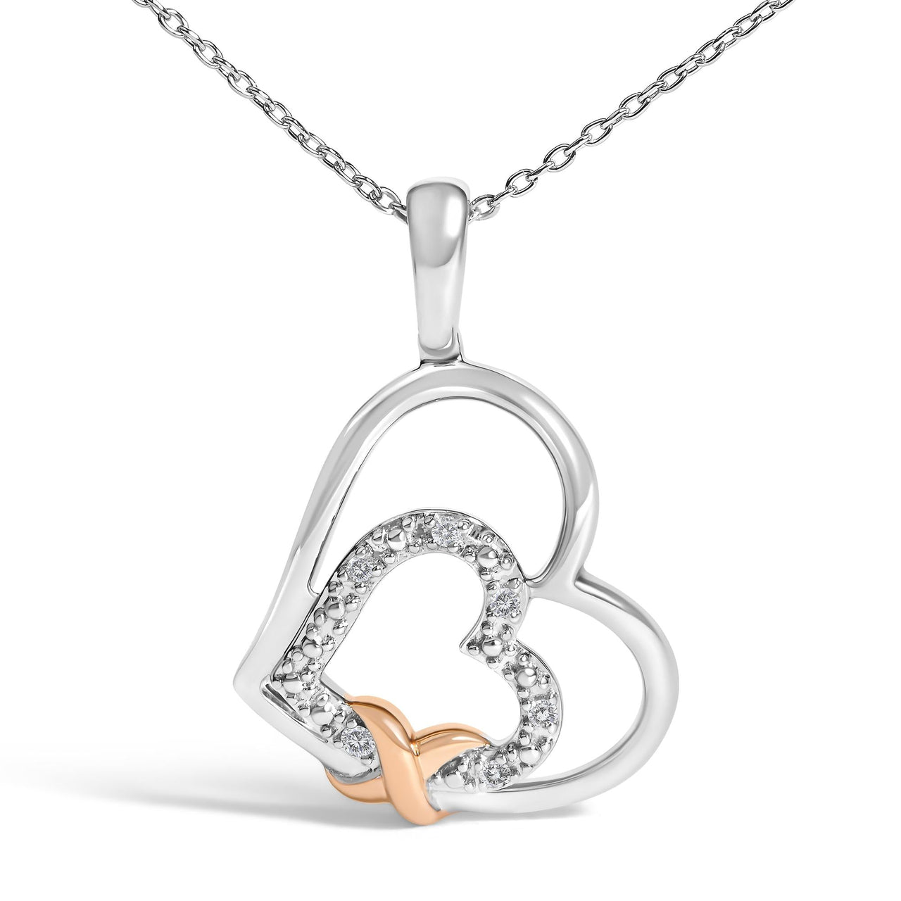 .925 Sterling Silver Double Heart Pendant Necklace with Diamond and 10K Rose Gold Accent - KIAHMILLA