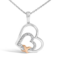.925 Sterling Silver Double Heart Pendant Necklace with Diamond and 10K Rose Gold Accent - KIAHMILLA