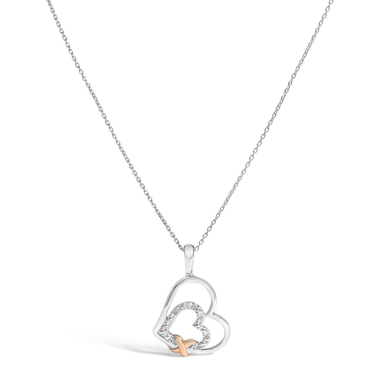 .925 Sterling Silver Double Heart Pendant Necklace with Diamond and 10K Rose Gold Accent - KIAHMILLA