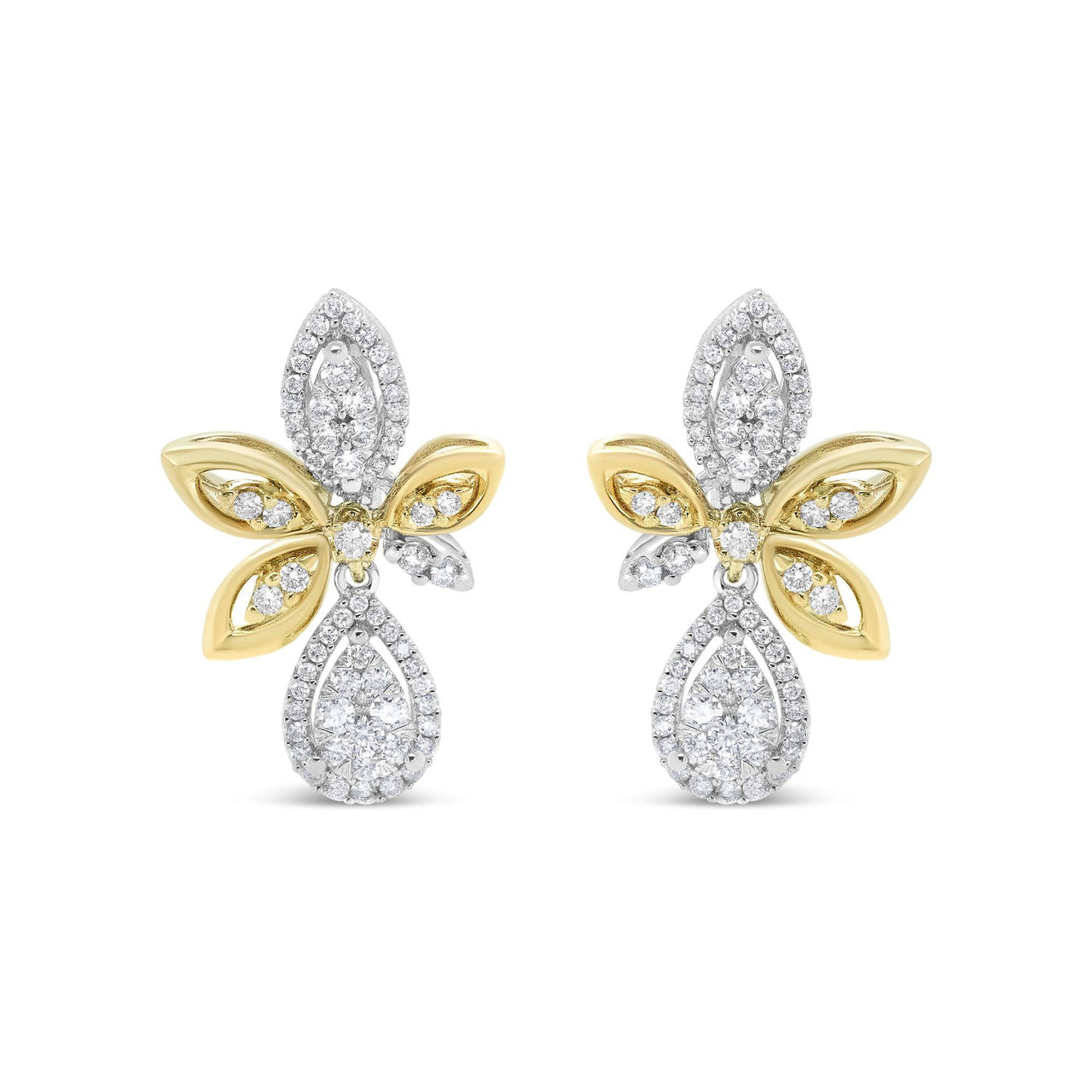 14K White and Yellow Gold 1.00 Cttw Round Pave-Set Diamond Teardrop and Marquise Shape Drop Dangle Earrings (H-I Color, SI1-SI2 Clarity)