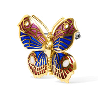 18K Yellow Gold Red, Blue, and White Enameled Butterfly Brooch Pin