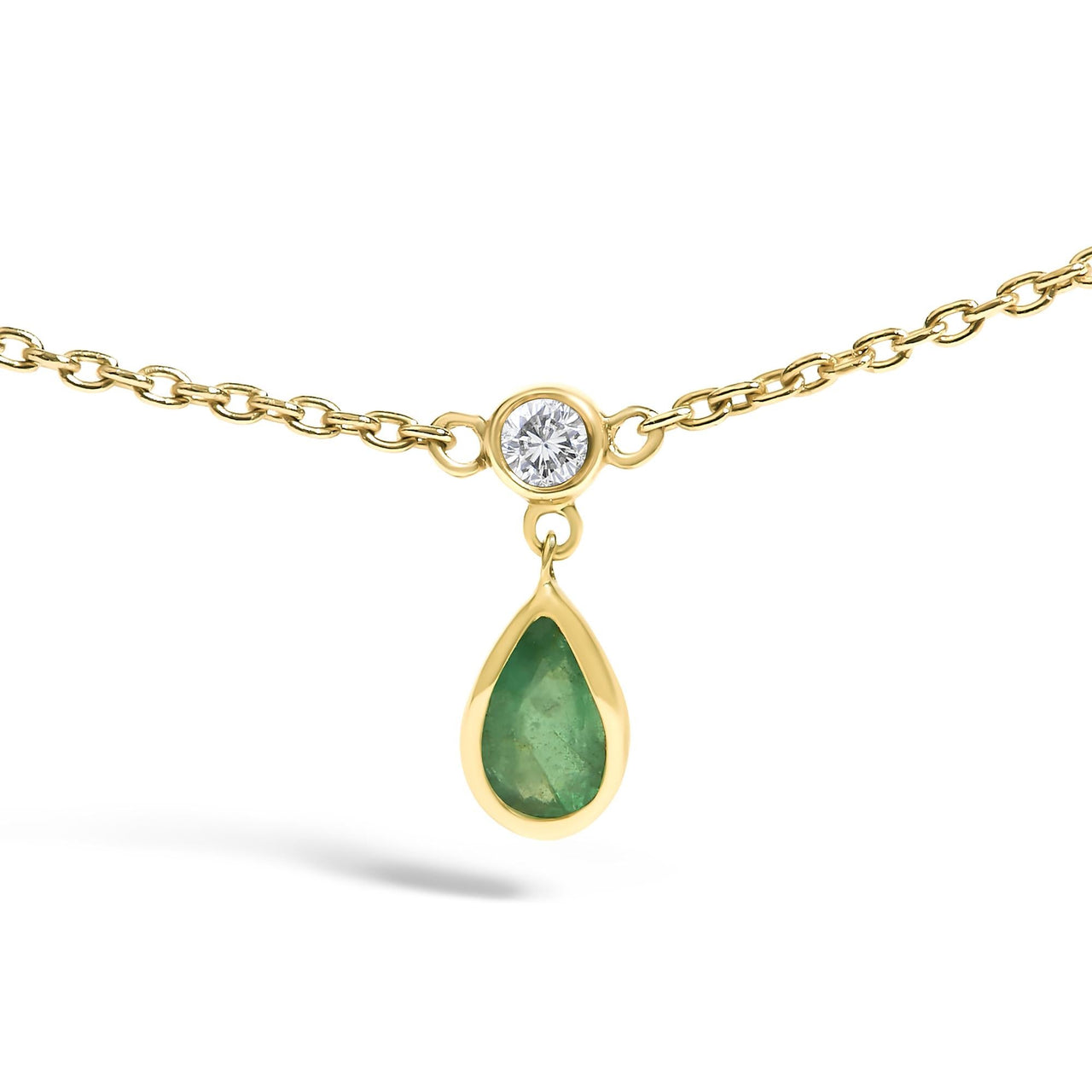 10K Yellow Gold Dangling 5x3 mm Green Emerald and Diamond Station Necklace - 18" Inches