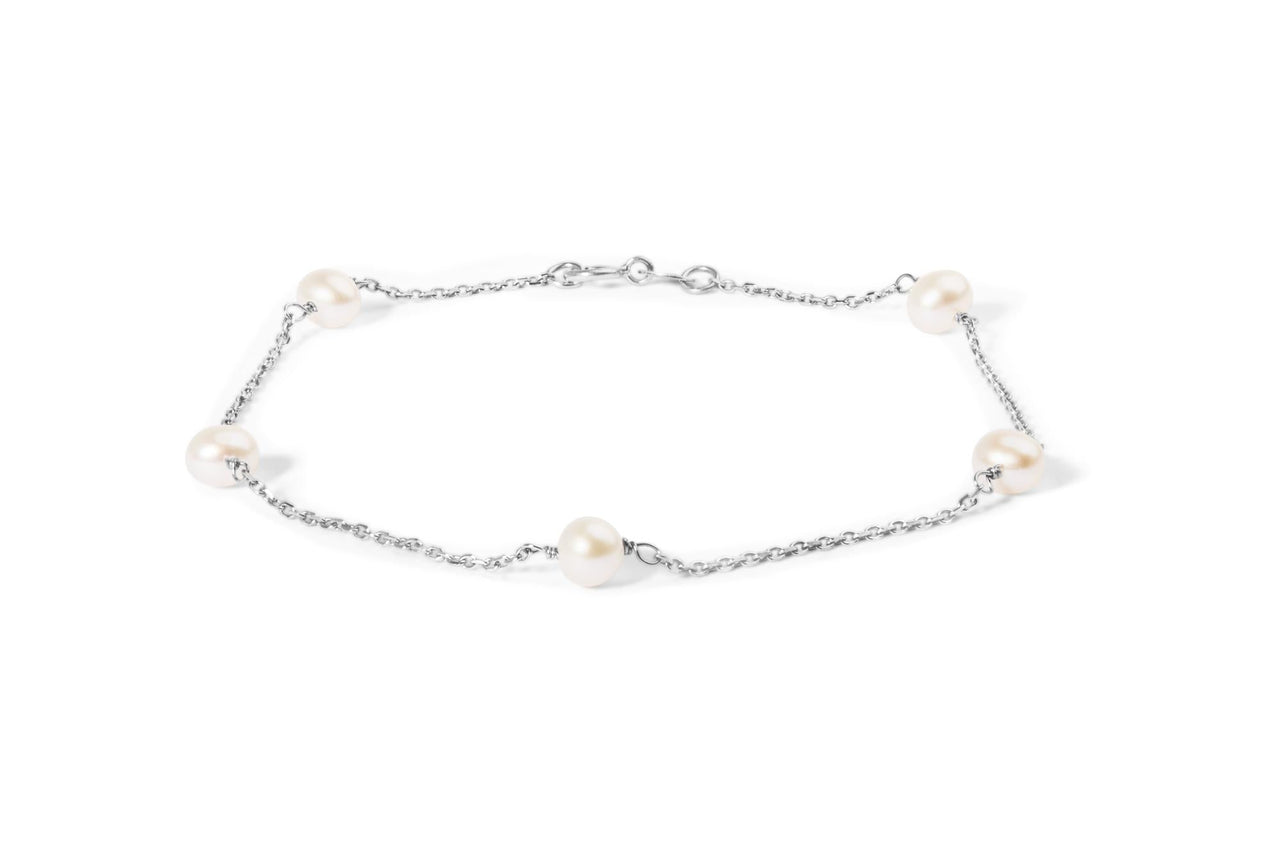 14K White Gold Cultured White Freshwater Pearl Station Bracelet
