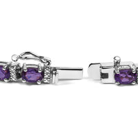 .925 Sterling Silver 9 1/2 Cttw Alternating Oval Amethyst and White Diamond Accent Link Tennis Bracelet (I-J Color, I3 Clarity) - 7.25