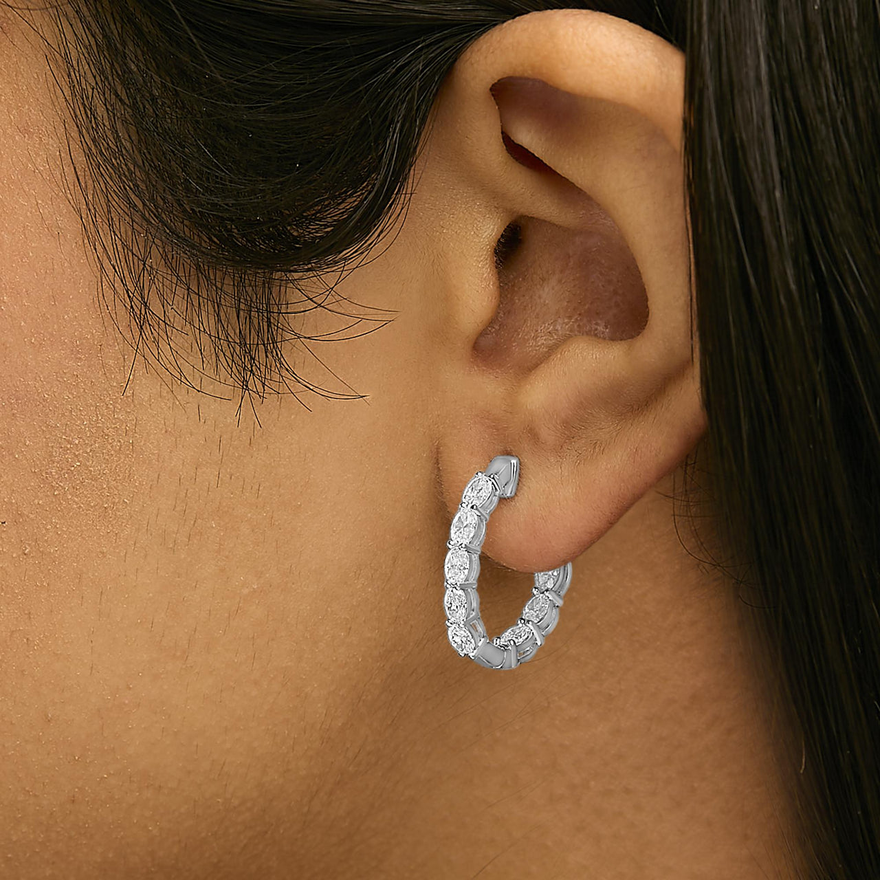 14K White Gold 2 3/4 Cttw Oval Cut Lab Grown Diamond Inside Out Hoop Earrings