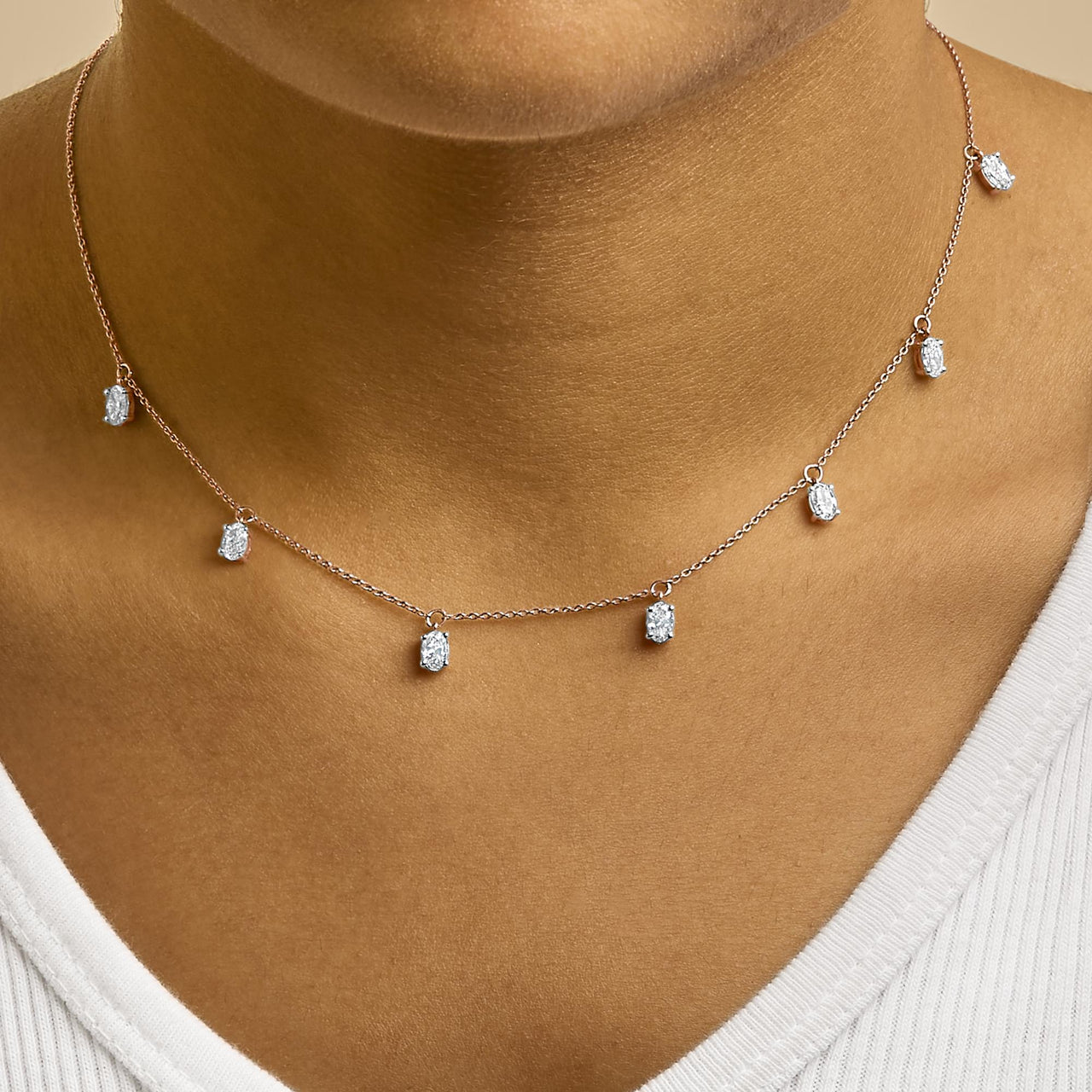 14K Rose Gold 1 3/8 Cttw Oval Lab Grown Diamond Dangle Station Necklace - 17" Inches