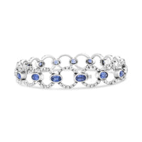 18K White Gold 6 Cttw Diamond and 5x3mm Oval Blue Sapphire Openwork Circle Link Bracelet (F-G Color, SI1-SI2 Clarity) - Size 7