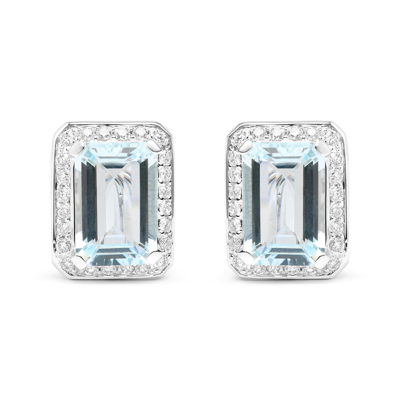 18K White Gold 3/4 Cttw Round Diamond and 13x9mm Emerald Cut Blue Aquamarine Gemstone Halo Omega Stud Earrings (G-H Color, SI1-SI2 Clarity)