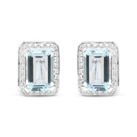 18K White Gold 3/4 Cttw Round Diamond and 13x9mm Emerald Cut Blue Aquamarine Gemstone Halo Omega Stud Earrings (G-H Color, SI1-SI2 Clarity)