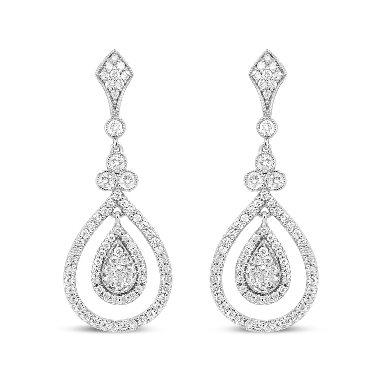 18K White Gold 1 1/4 Cttw Round Diamond Openwork Teardrop-Shaped Dangle Earrings (F-G Color, VS1-VS2 Clarity)