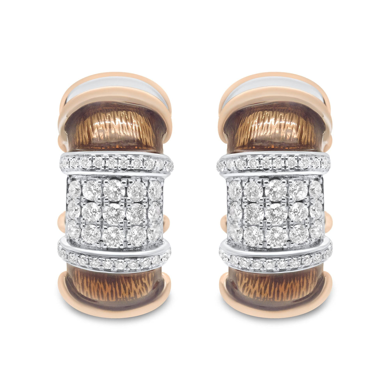 18K White and Rose Gold Flash Plated .925 Sterling Silver Clear Brown Enamel 1/6 Cttw Round Diamond Huggie Hoop Earrings (F-G Color, VS1-VS2 Clarity)