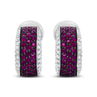 18K White Gold and Black Rhodium Plated 3/4 Cttw Round Diamonds and 1mm Round Red Ruby Huggie Hoop Earrings (F-G Color, VS1-VS2 Clarity)