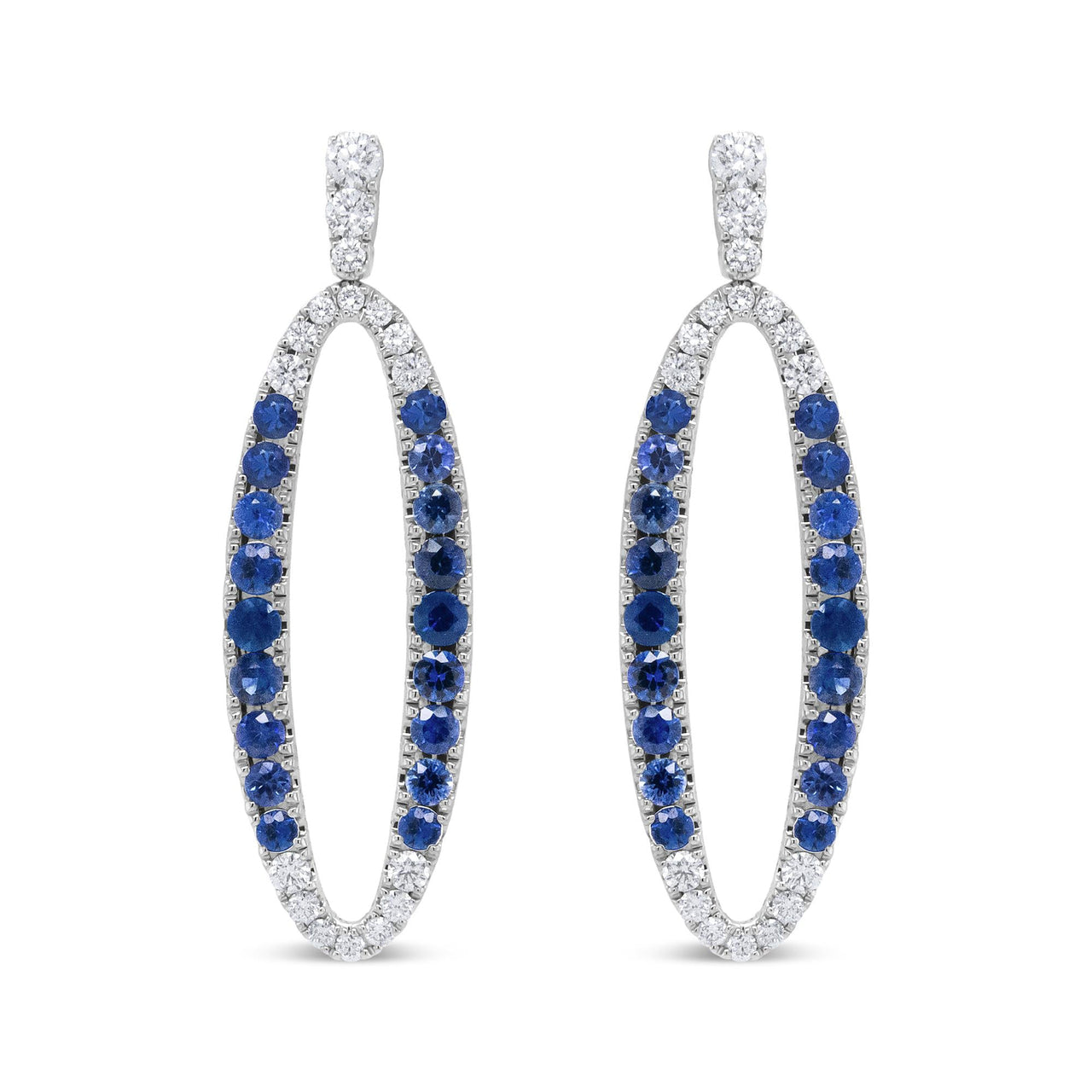 18K White Gold 1.11 Cttw Blue Round Diamond and Blue Sapphire Openwork Oval Shaped Dangle Earrings (F-G Color, VS1-VS2 Clarity)