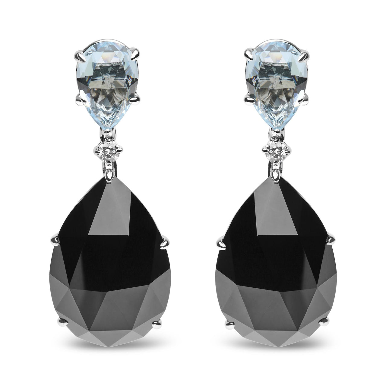 18K White Gold 1/5 Cttw Diamond with Pear Cut Sky Blue Topaz and Pear-Cut Black Onyx Gemstone Dangle Earring (G-H Color, SI1-SI2 Clarity)