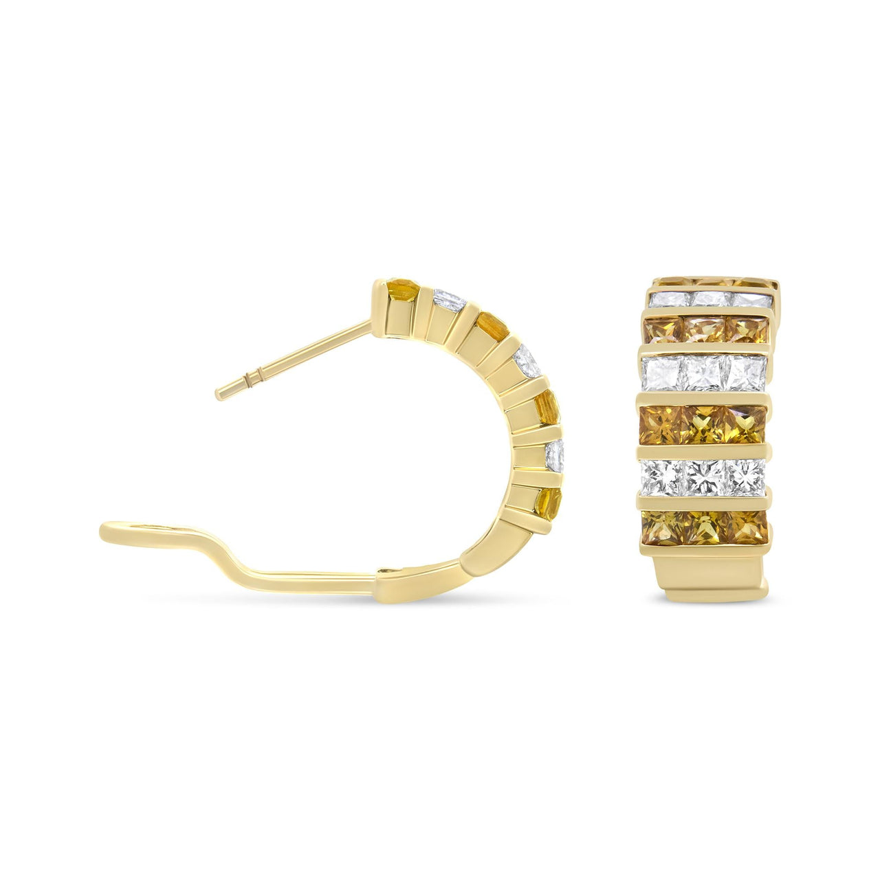 18K Yellow Gold 1 3/4 Cttw Invisible Set Princess Cut Diamond and 2.5mm Yellow Sapphire Huggie Hoop Earrings (F-G Color, VS1-VS2 Clarity)