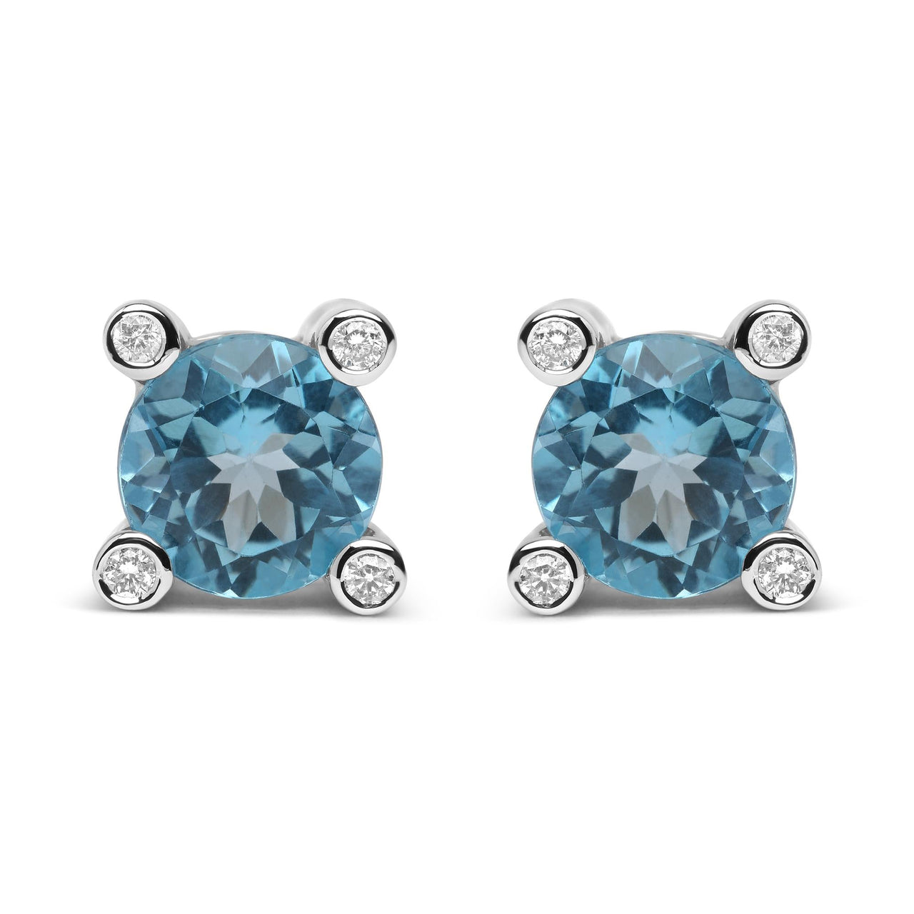 18K White Gold 1/10 Cttw Round Bezel Diamond and 10x10mm Round Sky Blue Topaz Gemstone Stud Earrings (G-H Color, I1-I2 Clarity)