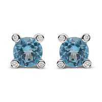 18K White Gold 1/10 Cttw Round Bezel Diamond and 10x10mm Round Sky Blue Topaz Gemstone Stud Earrings (G-H Color, I1-I2 Clarity)