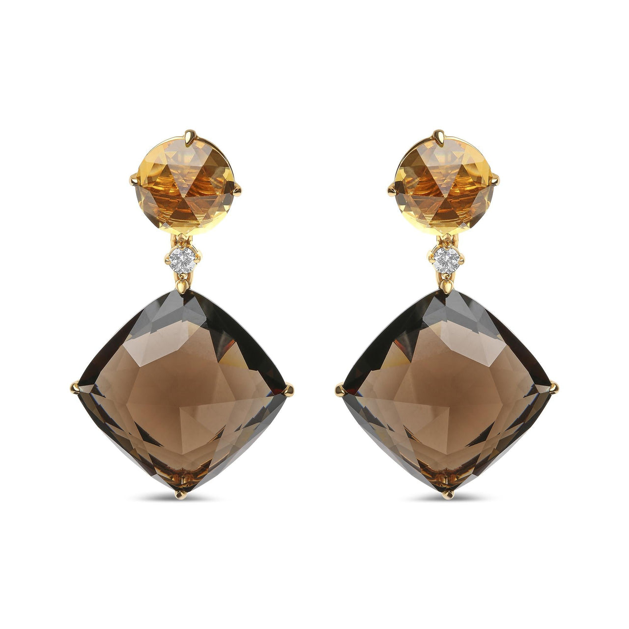 18K Yellow Gold 1/5 Cttw Diamond with Round Yellow Citrine and 25mm Cushion Cut Smoky Quartz Gemstone Dangle Earring (G-H Color, SI1-SI2 Clarity)