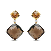 18K Yellow Gold 1/5 Cttw Diamond with Round Yellow Citrine and 25mm Cushion Cut Smoky Quartz Gemstone Dangle Earring (G-H Color, SI1-SI2 Clarity)
