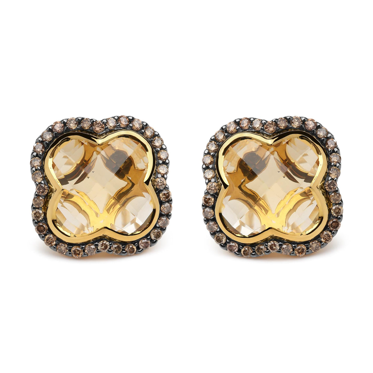 18K Yellow Gold 1/2 Cttw  Brown Diamond and 11x11mm Clover-Cut Yellow Citrine Gemstone Clover Halo Stud Earrings (Brown Color, SI1-SI2 Clarity)