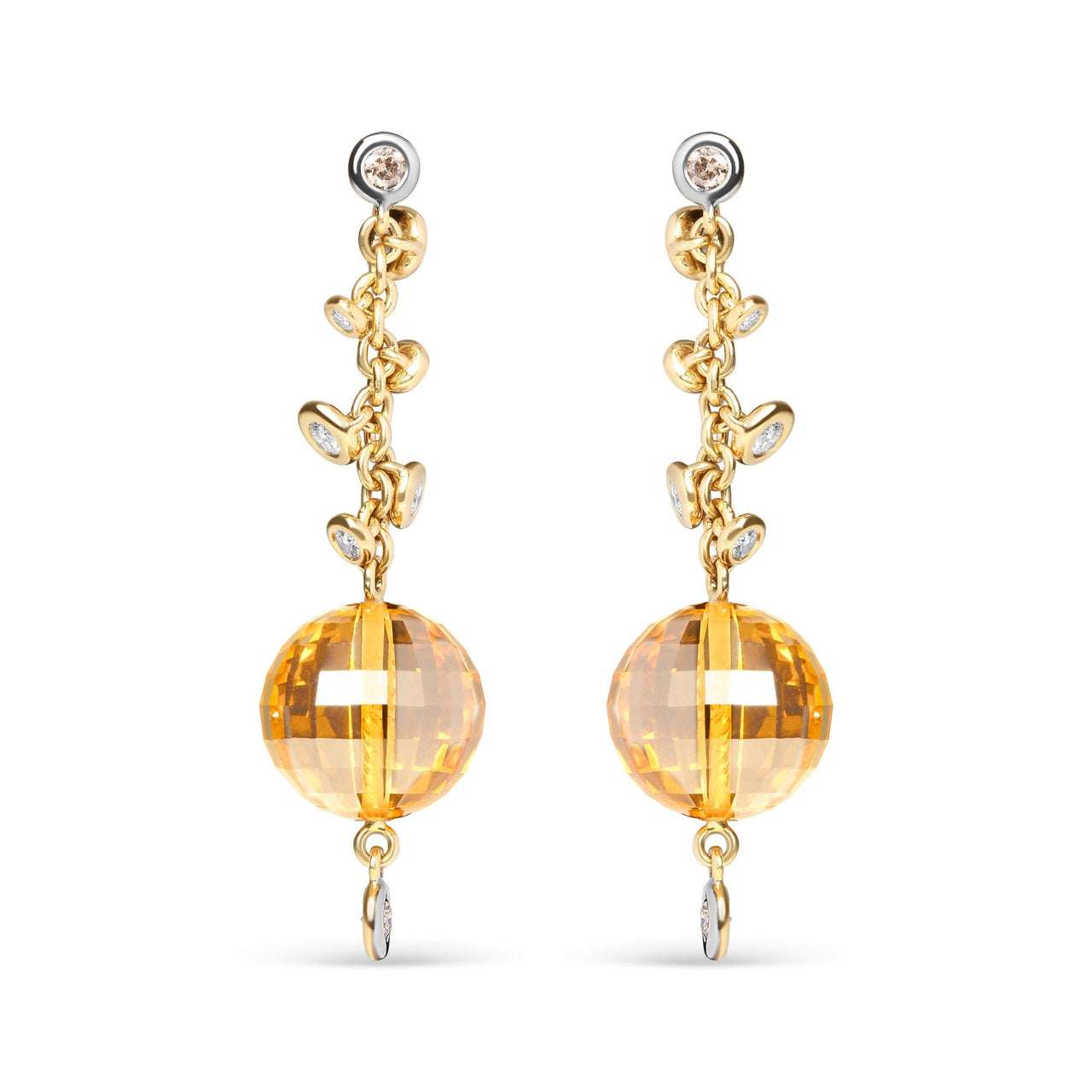 18K Yellow Gold 2/3 Cttw Round Bezel Diamond and 25mm Ball Shaped Yellow Citrine Gemstone Dangle Stud Earring (Brown and G-H Color, SI1-SI2 Clarity)