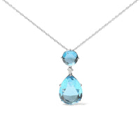 18K White Gold Diamond Accent and Round London Blue Topaz and Pear Cut Sky Blue Topaz Dangle Drop 18