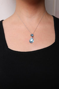 18K White Gold Diamond Accent and Round London Blue Topaz and Pear Cut Sky Blue Topaz Dangle Drop 18