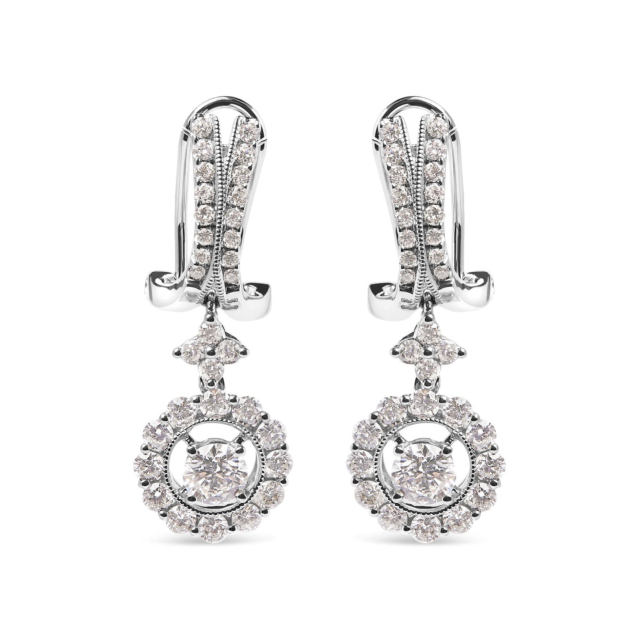 14K White Gold 1 7/8 Cttw Diamond Drop and Dangle Halo Earring with Omega Back (F-G Color, VS2-SI1)