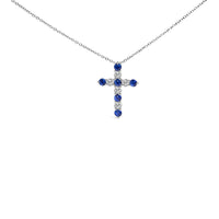 18K White Gold 1.0 Cttw Diamond and 3.5 MM Round Blue Sapphire 11 Stone Cross 18