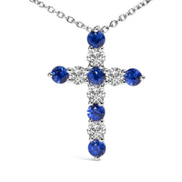 18K White Gold 1.0 Cttw Diamond and 3.5 MM Round Blue Sapphire 11 Stone Cross 18