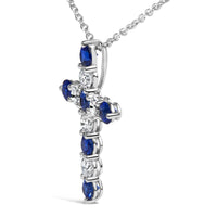 18K White Gold 1.0 Cttw Diamond and 3.5 MM Round Blue Sapphire 11 Stone Cross 18