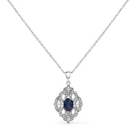 .925 Sterling Silver 7x5 MM Oval Blue Sapphire and Diamond Accent Art Deco Style Shield Shaped 18