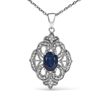 .925 Sterling Silver 7x5 MM Oval Blue Sapphire and Diamond Accent Art Deco Style Shield Shaped 18