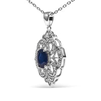 .925 Sterling Silver 7x5 MM Oval Blue Sapphire and Diamond Accent Art Deco Style Shield Shaped 18