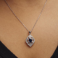 .925 Sterling Silver 7x5 MM Oval Blue Sapphire and Diamond Accent Art Deco Style Shield Shaped 18