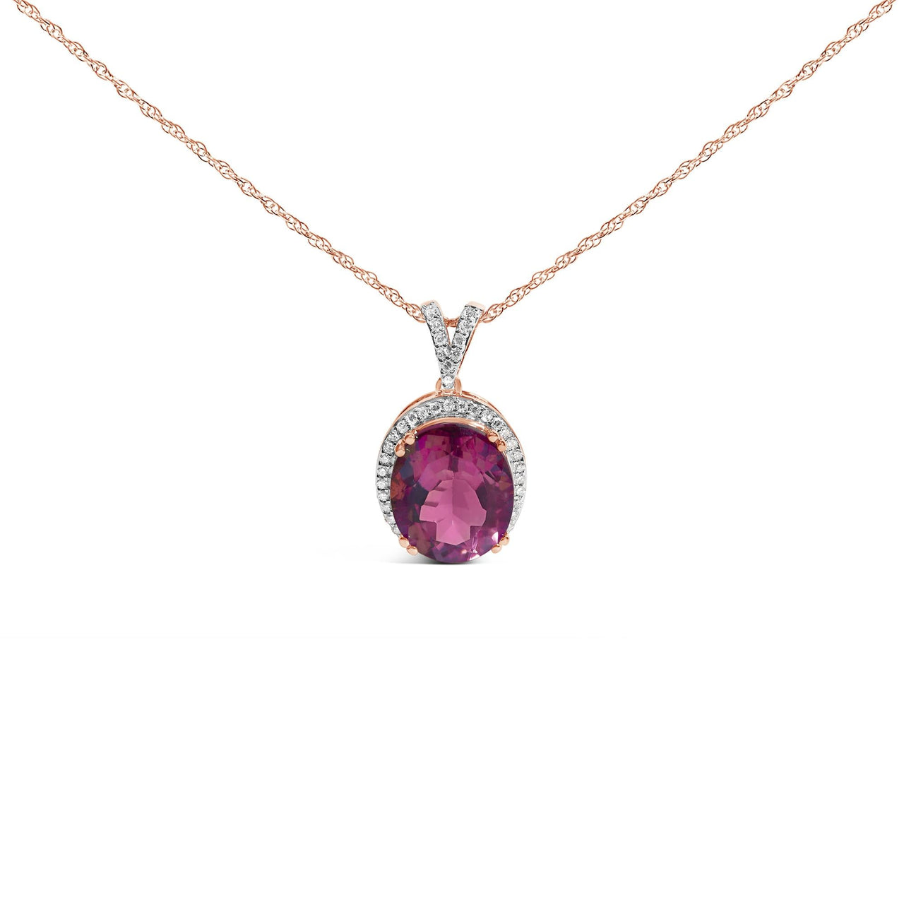 14K Rose Gold Vermeil Sterling Silver 1/5 Cttw Diamond Pink Quartz Oval Pendant Necklace