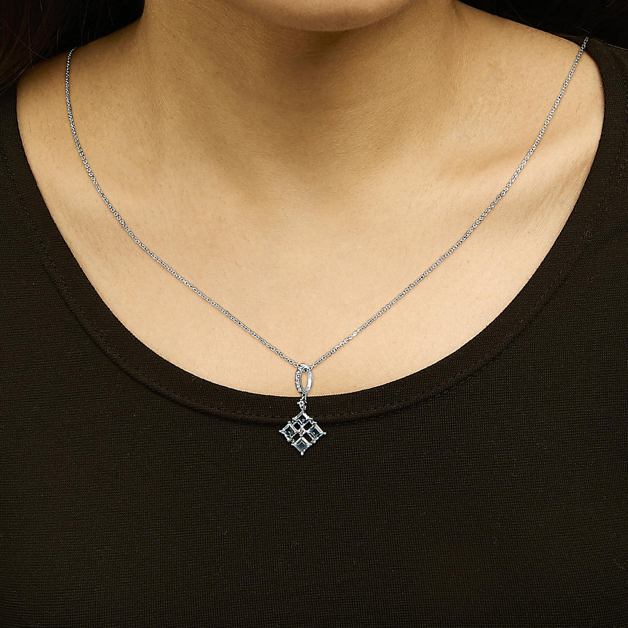 Sterling Silver Blue Topaz and White Sapphire Square Motif Pendant Necklace 18 Inch
