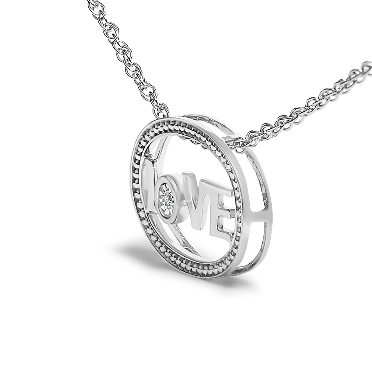 .925 Sterling Silver Diamond Accent "LOVE" Beaded Oval Pendant Necklace (J-K Color, I2-I3 Clarity) - 18" Inches