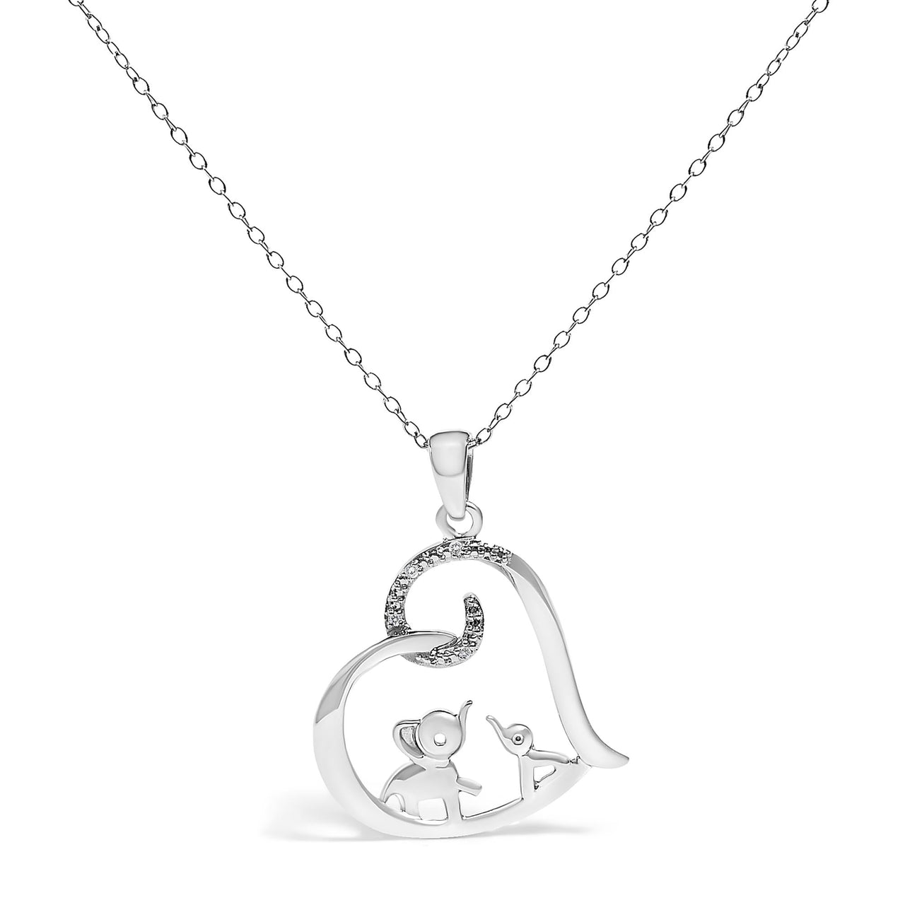 .925 Sterling Silver Double Elephant Diamond Accent Heart Pendant Necklace - Size 18 Inches (J-K Color, I2-I3 Clarity)