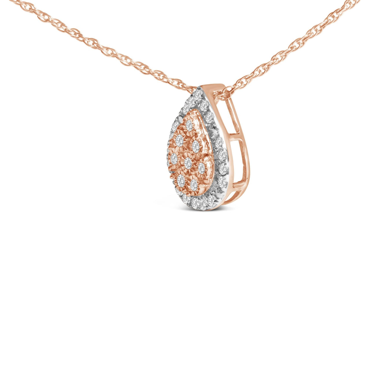 14K Rose Gold Plated Sterling Silver 1/4 Cttw Diamond Teardrop Halo Pendant Necklace